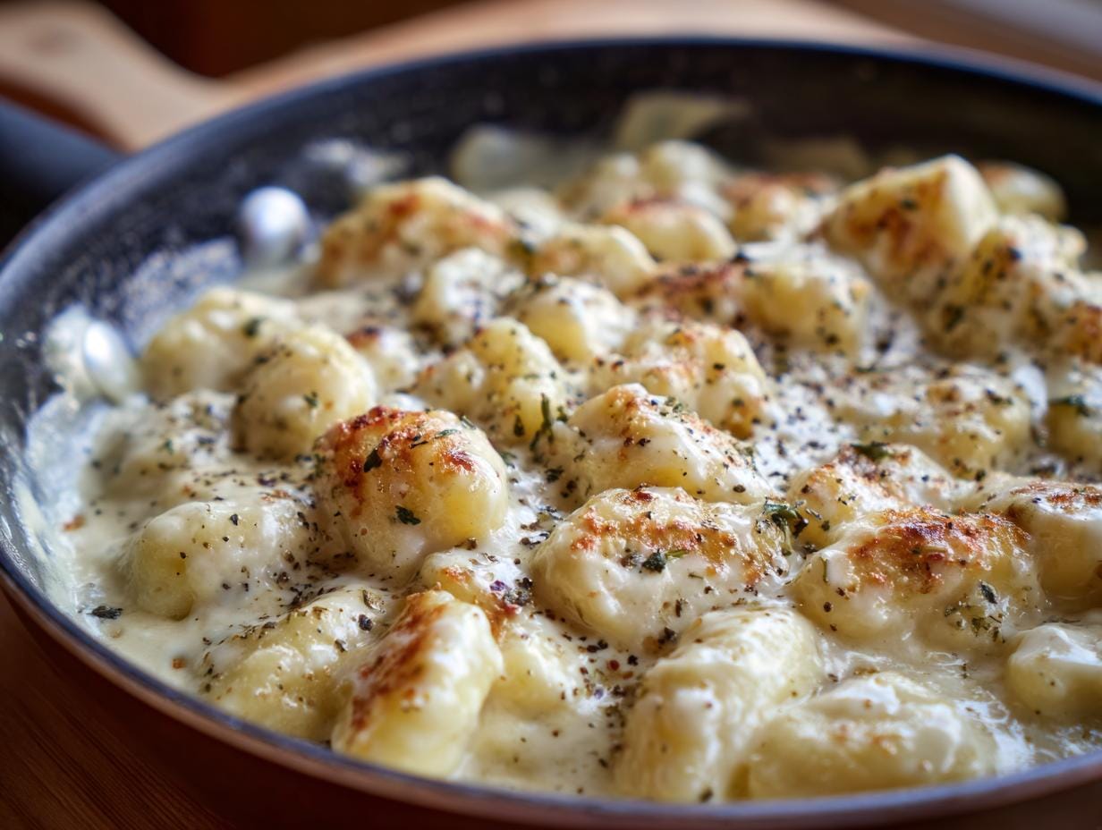 Nahaufnahme von Gnocchi in cremiger Gorgonzola-Soße, serviert in einer Pfanne, garniert mit Kräutern und Pfeffer.
