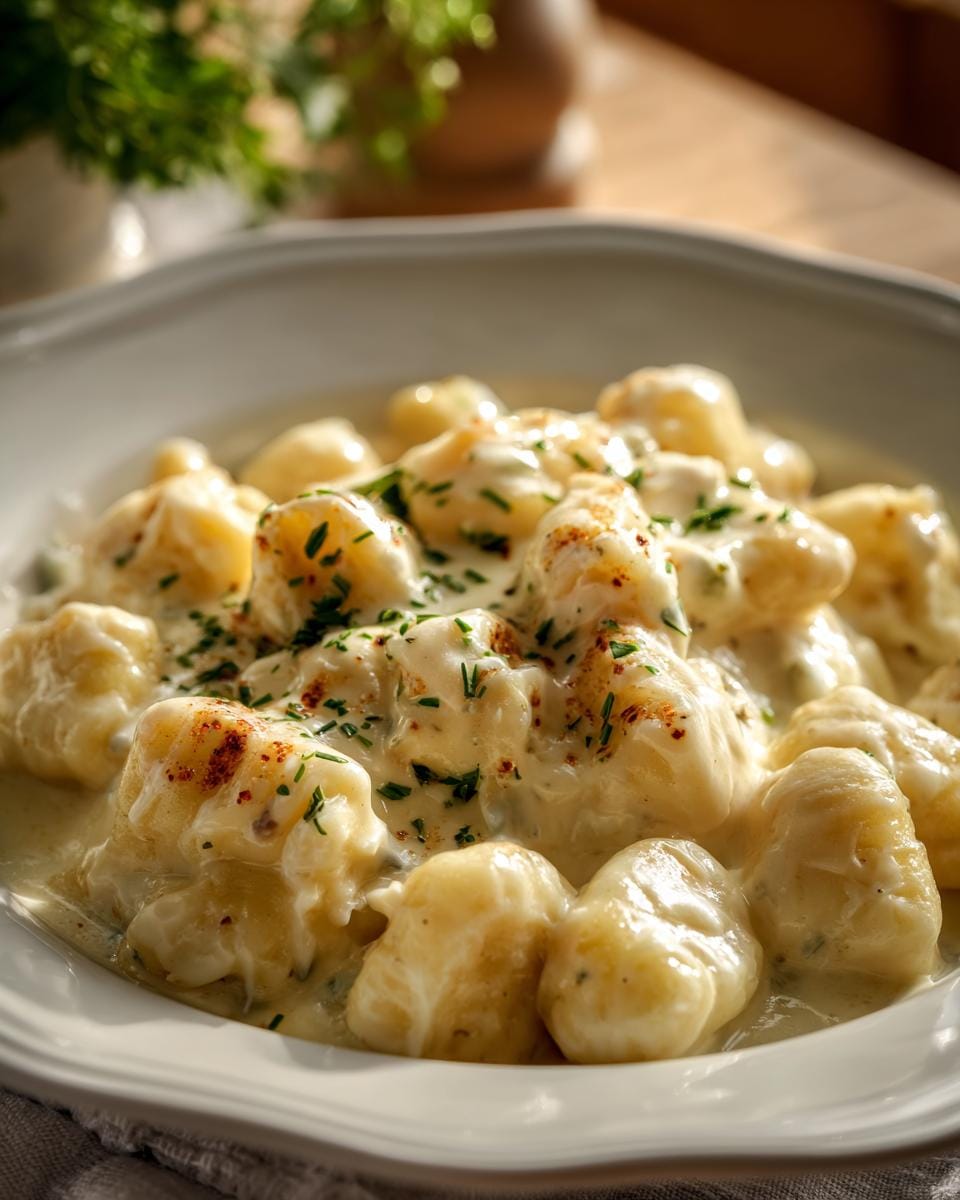 Close-up of Gnocchi in cremiger Gorgonzola-Soße, garnished with fresh herbs, served on a white plate.