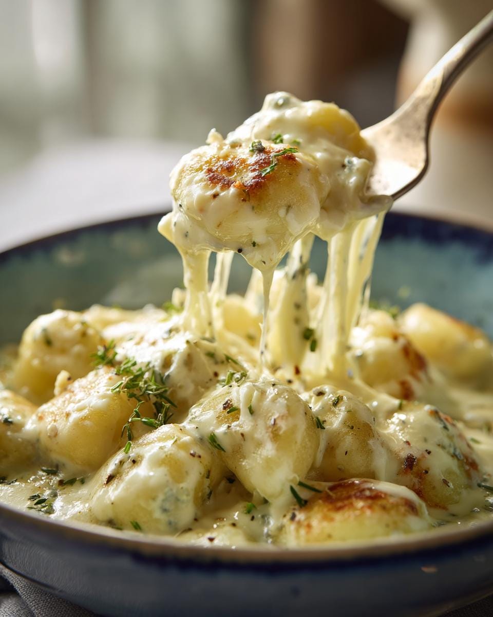 Close-up of Gnocchi in cremiger Gorgonzola-Soße being lifted with a fork, cheese sauce dripping.