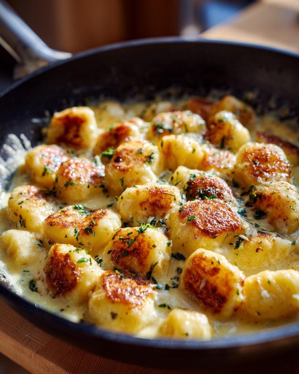 Nahaufnahme von Gnocchi in cremiger Gorgonzola-Soße, serviert in einer Bratpfanne und mit Kräutern garniert.