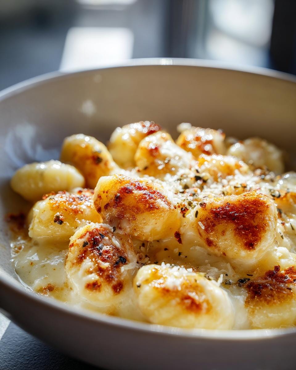 Close-up of Gnocchi in cremiger Gorgonzola-Soße, topped with herbs and cheese in a white bowl.