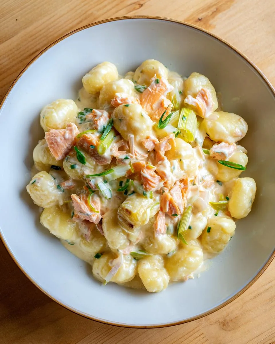 Close-up of creamy Gnocchi in Lachs-Sahne mit Lauch, served in a bowl with salmon and leeks.