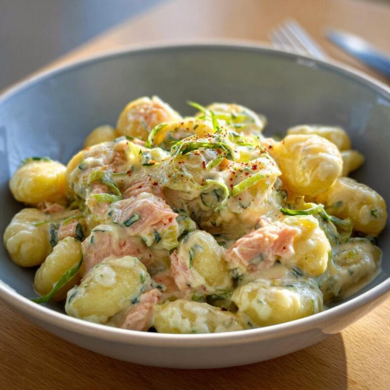 Bowl of creamy Gnocchi in Lachs-Sahne mit Lauch, garnished with fresh herbs and a sprinkle of spice.