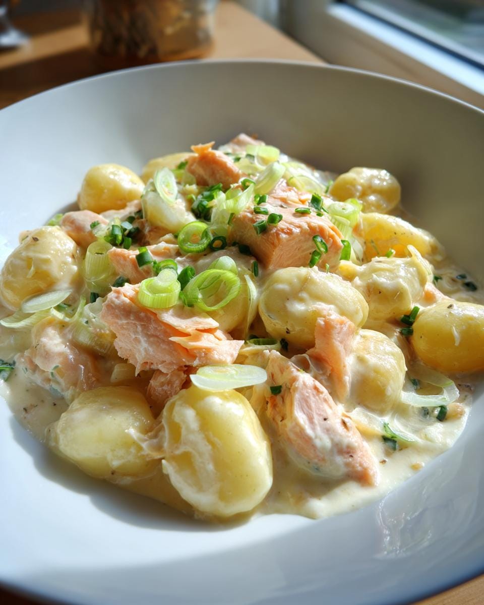 Close-up of Gnocchi in Lachs-Sahne mit Lauch, featuring creamy sauce, salmon pieces, and sliced leeks.