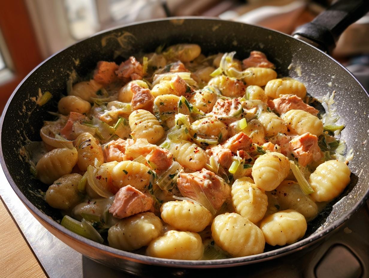 Gnocchi in Lachs-Sahne mit Lauch, serviert in einer Pfanne. Nahaufnahme des cremigen Gerichts.