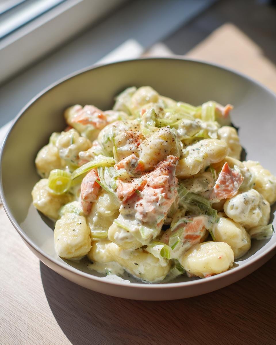 Nahaufnahme von Gnocchi in Lachs-Sahne mit Lauch, serviert in einer Schüssel.
