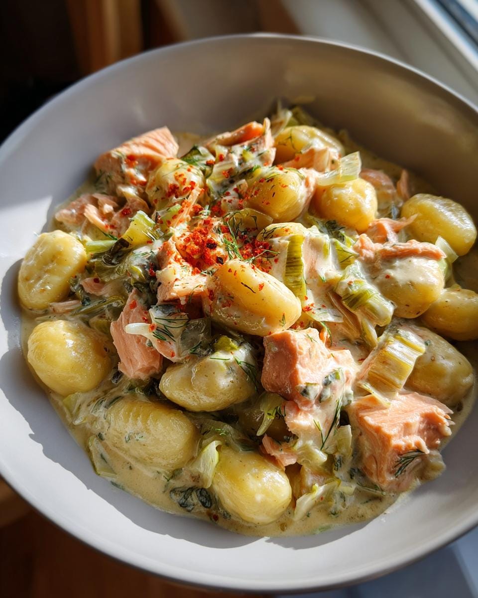 Close-up of Gnocchi in Lachs-Sahne mit Lauch, garnished with dill and red pepper flakes.