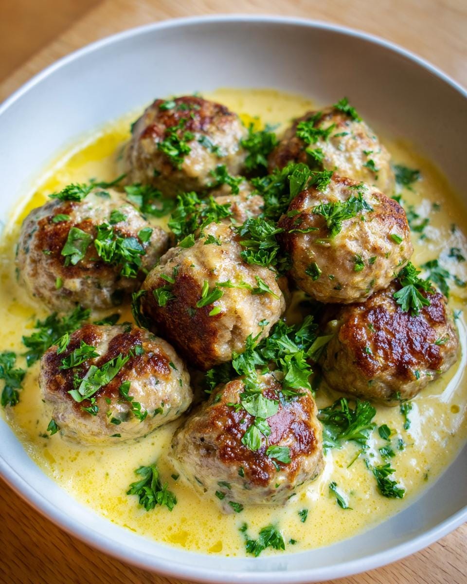 Close-up of Griechische Fleischbällchen in Zitronensauce, garnished with fresh parsley in a white bowl.