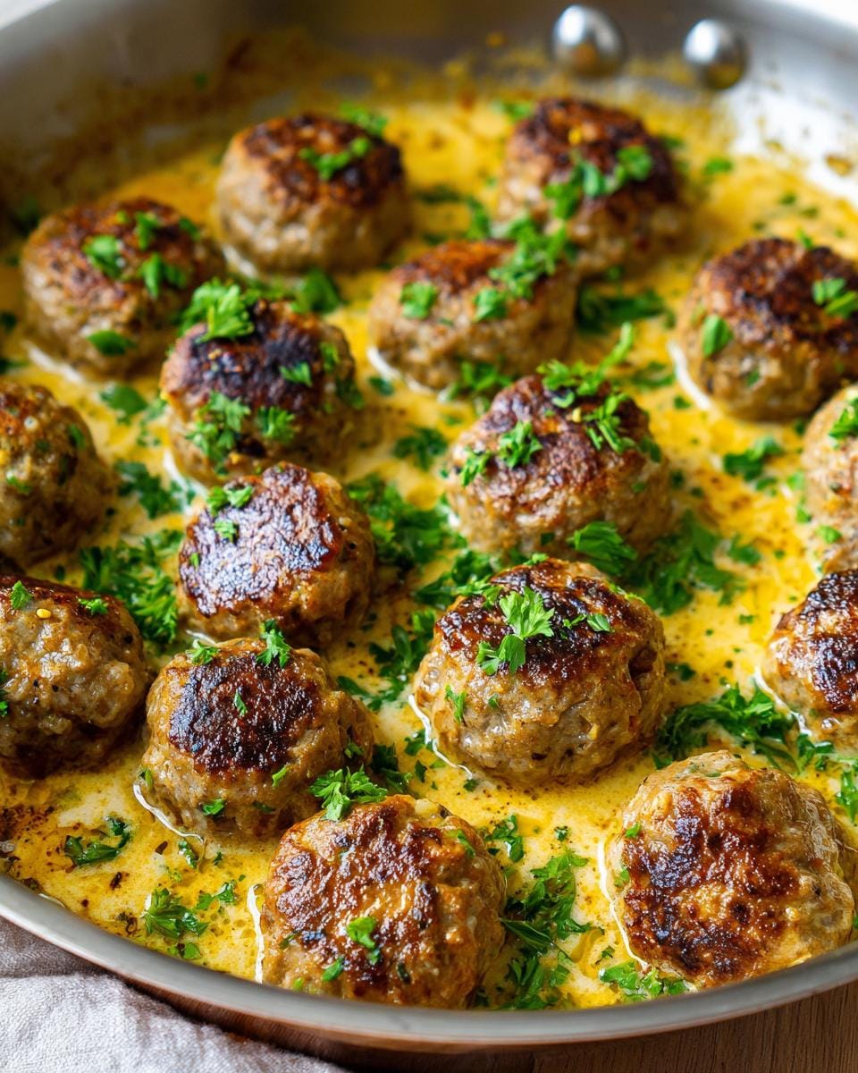 Griechische Fleischbällchen in Zitronensauce, garnished with fresh parsley, served in a pan.