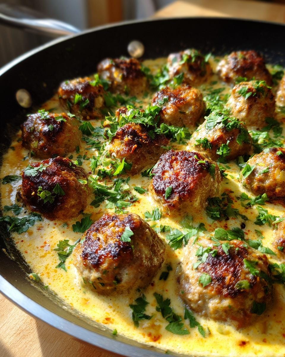 Griechische Fleischbällchen in Zitronensauce, serviert in einer Pfanne und mit Petersilie garniert.