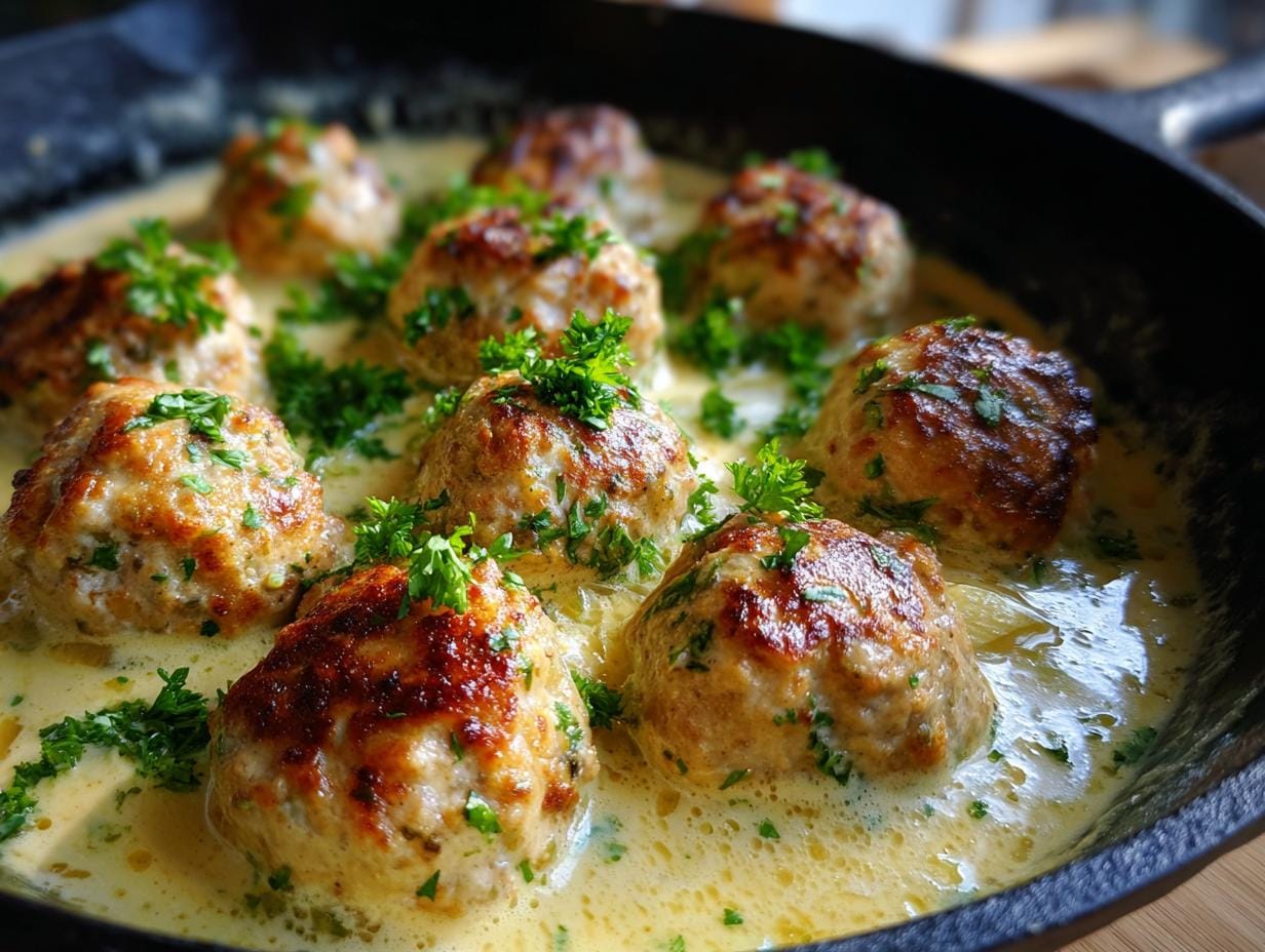 Griechische Fleischbällchen in Zitronensauce, serviert in einer gusseisernen Pfanne, garniert mit Petersilie.