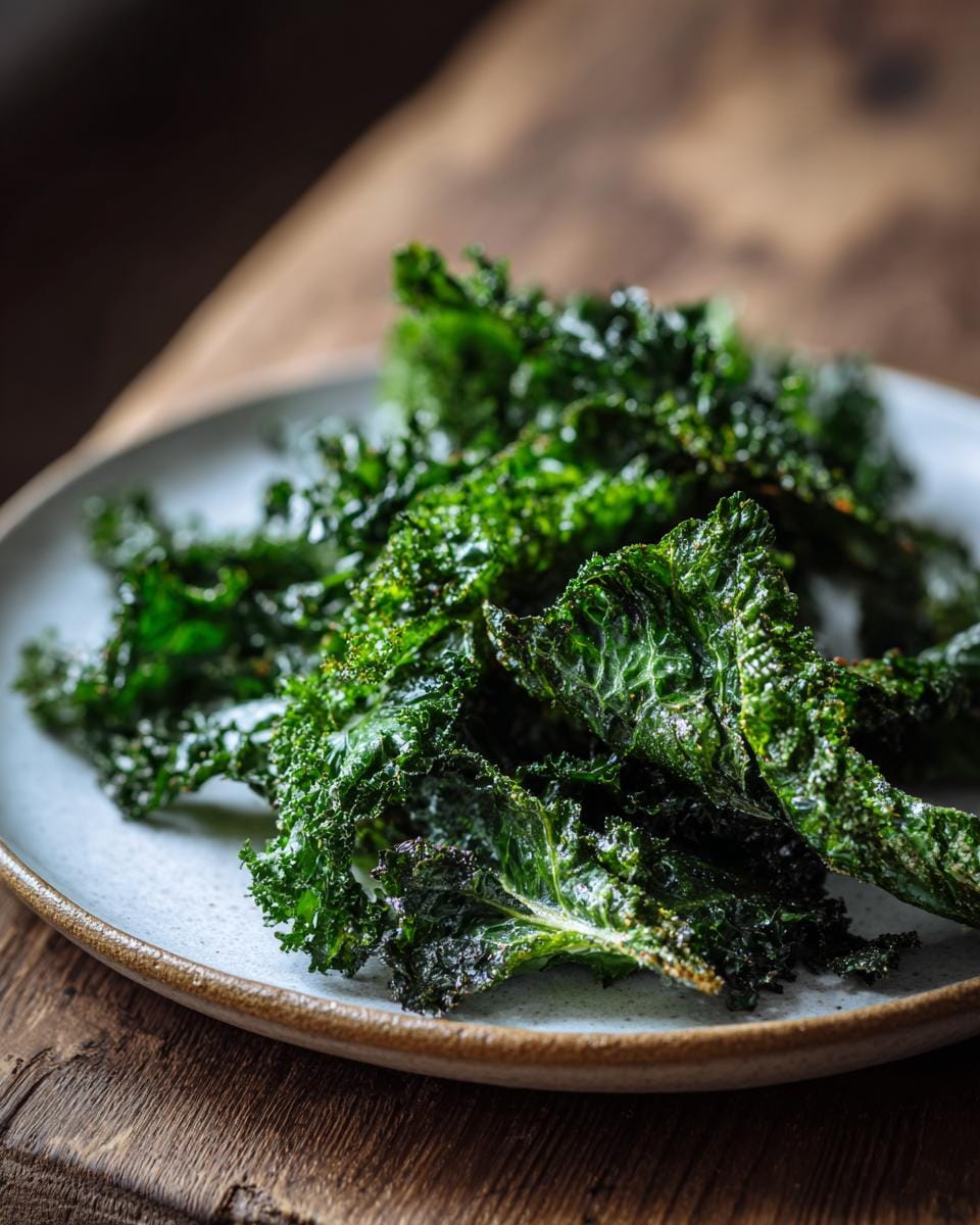 Nahaufnahme von knusprigen Grünkohl-Chips mit Knoblauch auf einem Teller, serviert auf einem Holztisch.