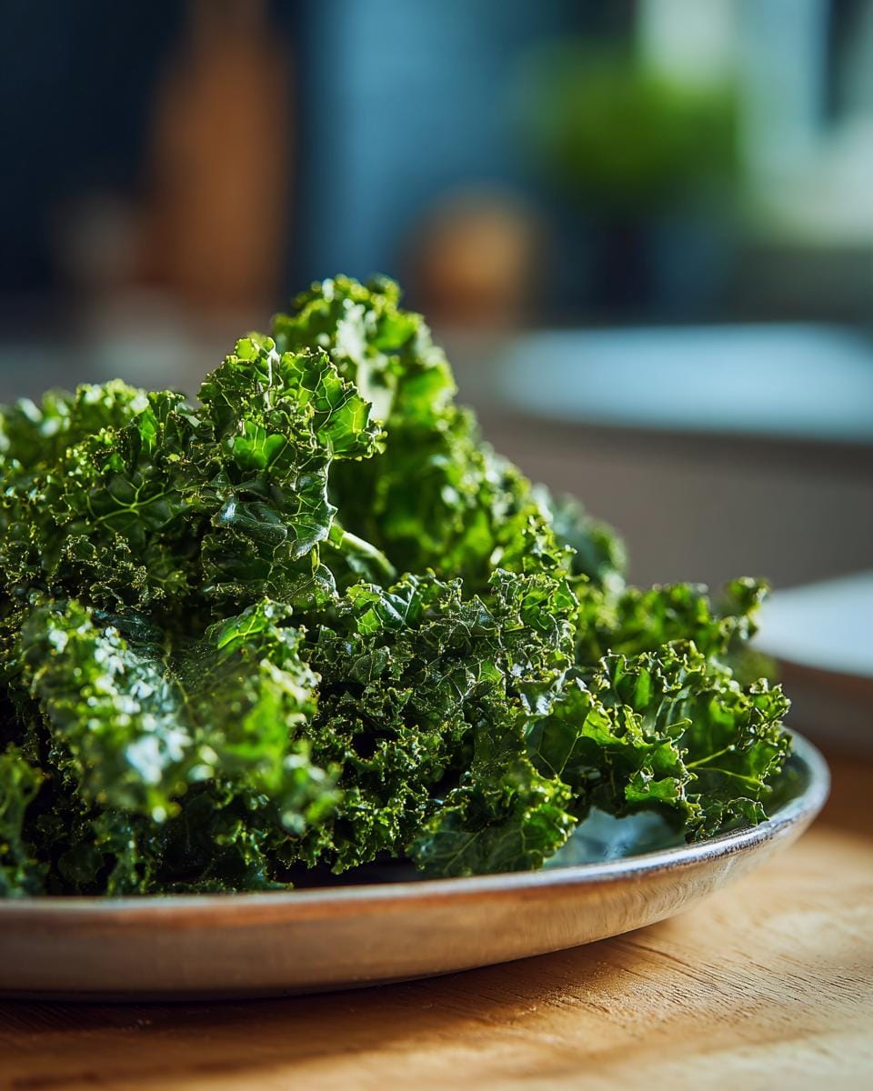 Close-up of fresh green Grünkohl (kale) on a plate, ready to be made into Grünkohl-Chips mit Knoblauch.