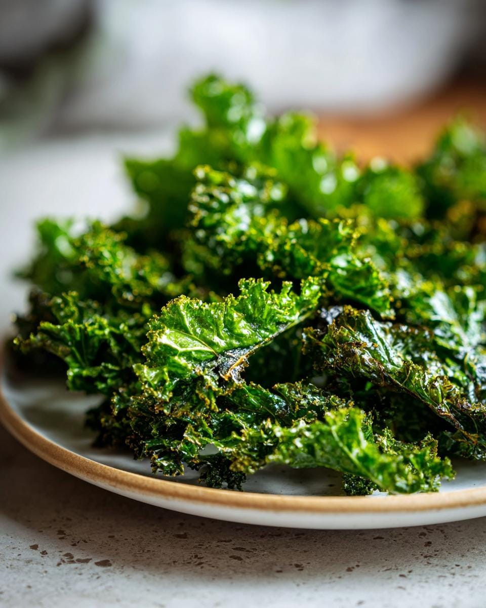 Close-up of homemade Grünkohl-Chips mit Knoblauch on a plate, showing their crispy texture and vibrant green color.