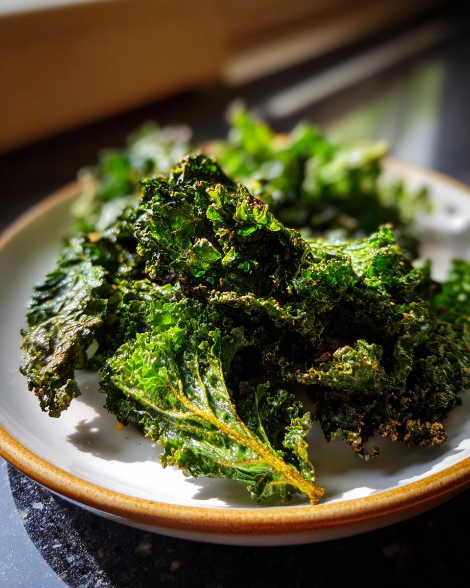 Close-up of crispy Grünkohl-Chips mit Knoblauch on a white plate, showing texture and seasoning.