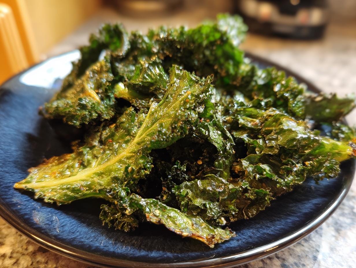 Nahaufnahme von knusprigen Grünkohl-Chips mit Knoblauch auf einem dunklen Teller.