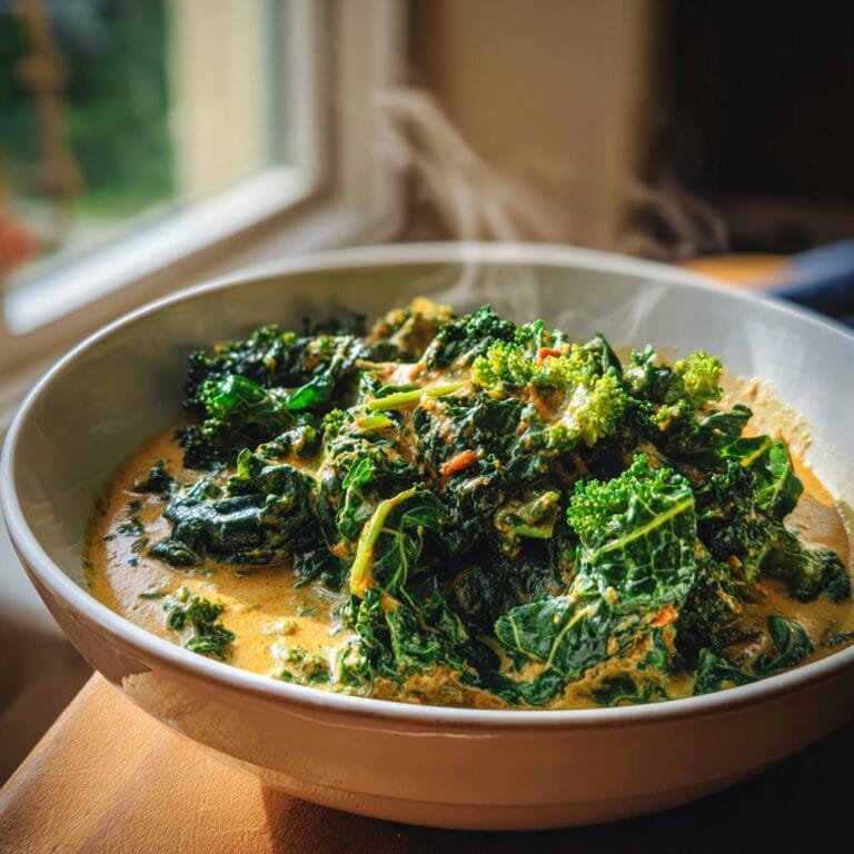 A bowl of steaming Grünkohl-Kokos-Curry, showcasing the vibrant green kale and creamy coconut curry sauce.
