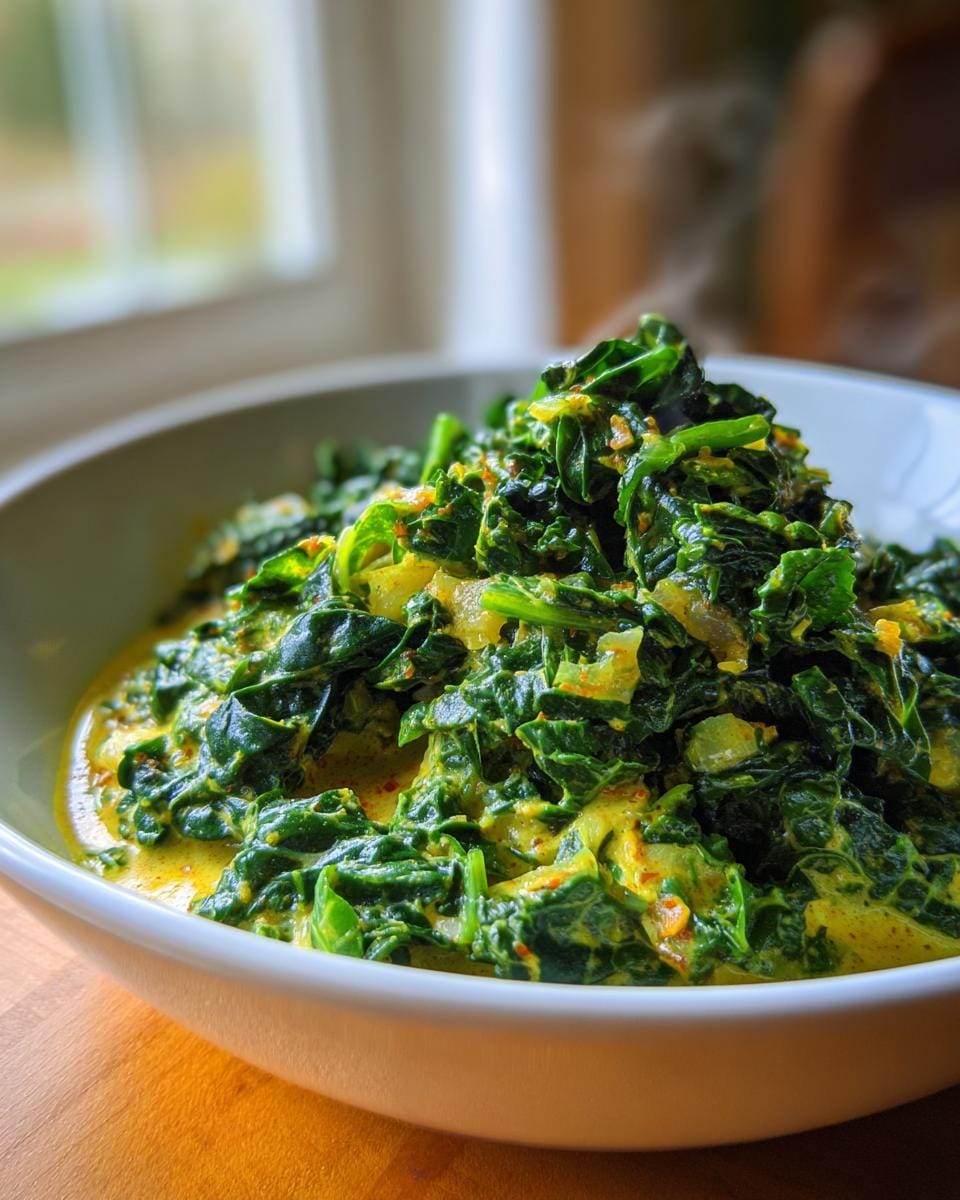 A bowl of vibrant Grünkohl-Kokos-Curry, a German kale and coconut curry dish, showcasing its rich color and texture.