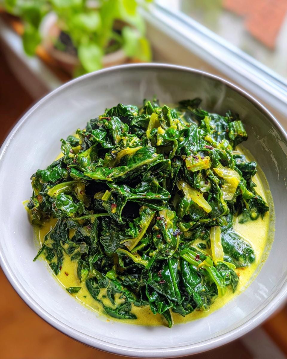 Overhead shot of a bowl filled with delicious Grünkohl-Kokos-Curry, a German kale and coconut curry dish.