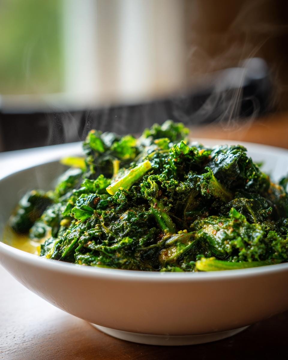 Close-up of a steaming bowl of Grünkohl-Kokos-Curry, showcasing the vibrant green kale and creamy coconut curry sauce.