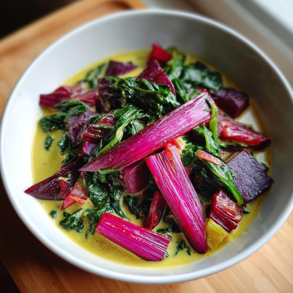 Bowl of vibrant Grünkohl-Kokos-Curry with red chard and a creamy coconut curry sauce.