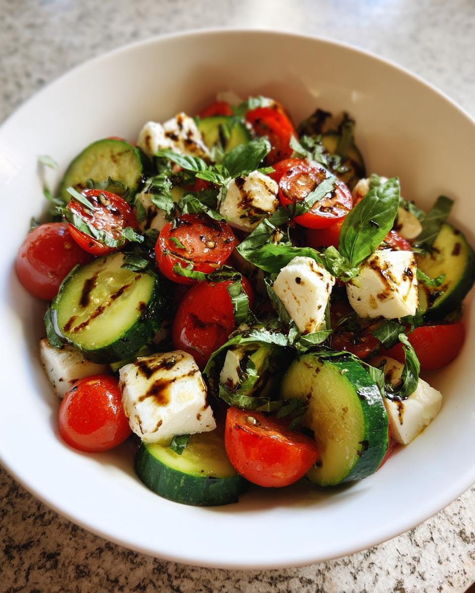 Close-up of Gurken-Caprese-Salat in a white bowl, featuring cucumbers, tomatoes, mozzarella, basil, and balsamic glaze.