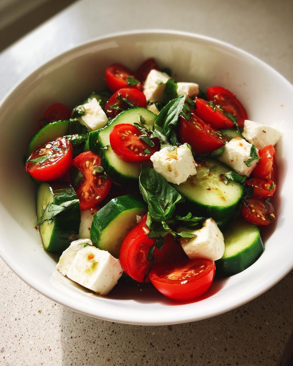 Close-up of Gurken-Caprese-Salat in a white bowl, featuring cucumbers, tomatoes, mozzarella, and basil.