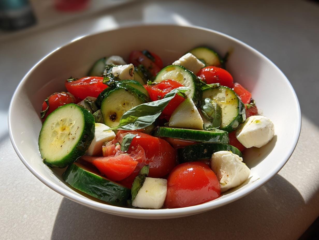 Close-up of Gurken-Caprese-Salat with cucumbers, tomatoes, mozzarella, and basil in a white bowl.