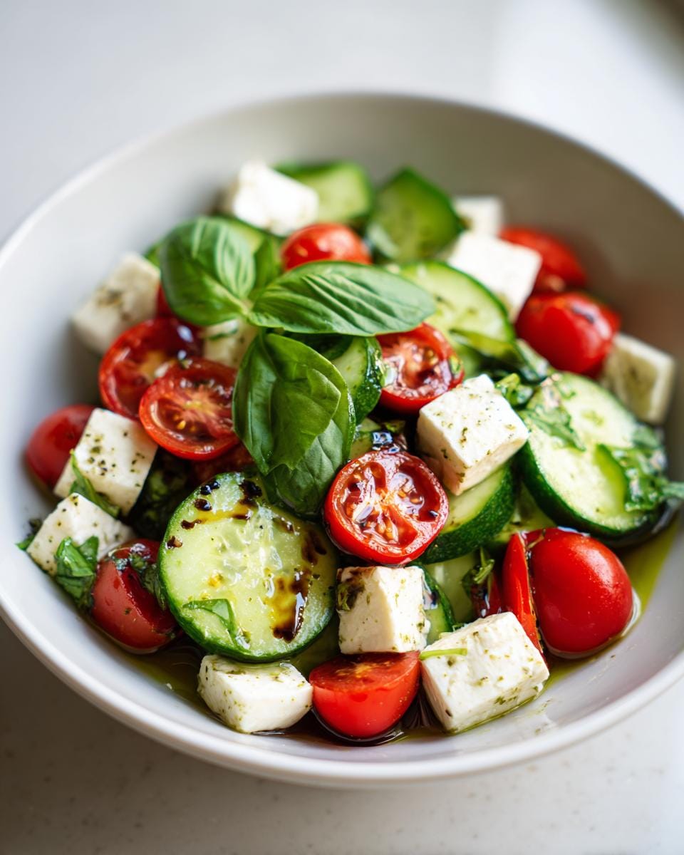 Close-up of Gurken-Caprese-Salat with cucumbers, tomatoes, feta cheese, and fresh basil in a white bowl.