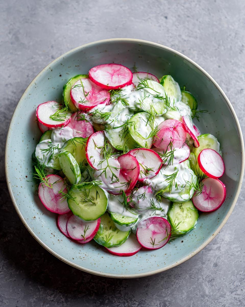Overhead shot of Gurken-Radieschen-Salat mit Dill-Joghurt in a blue bowl, featuring sliced cucumbers, radishes, and dill.