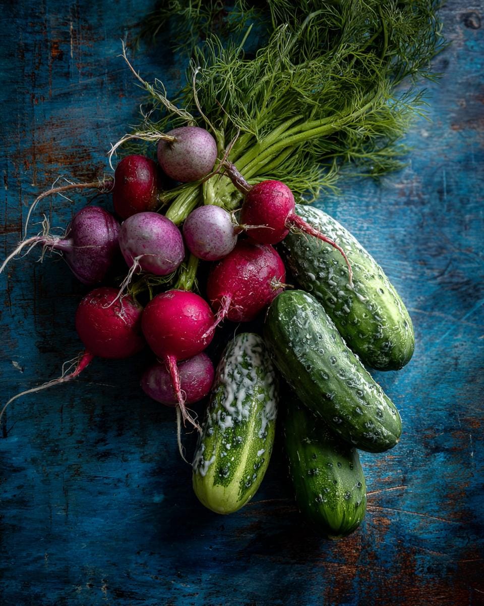 Fresh ingredients for Gurken-Radieschen-Salat mit Dill-Joghurt: cucumbers, radishes, and dill on a blue background.