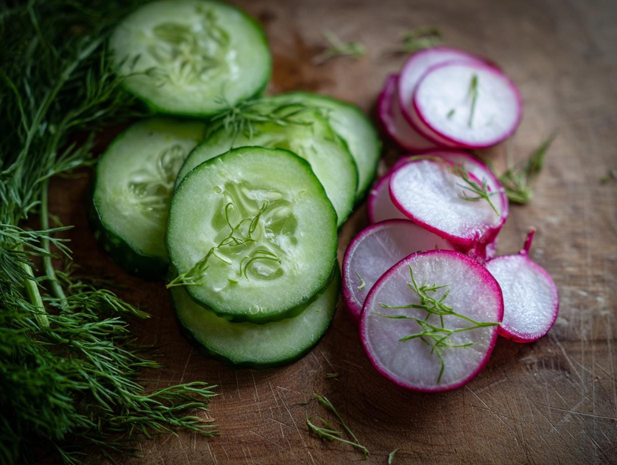 Close-up of sliced cucumbers, radishes, and fresh dill for Gurken-Radieschen-Salat mit Dill-Joghurt.