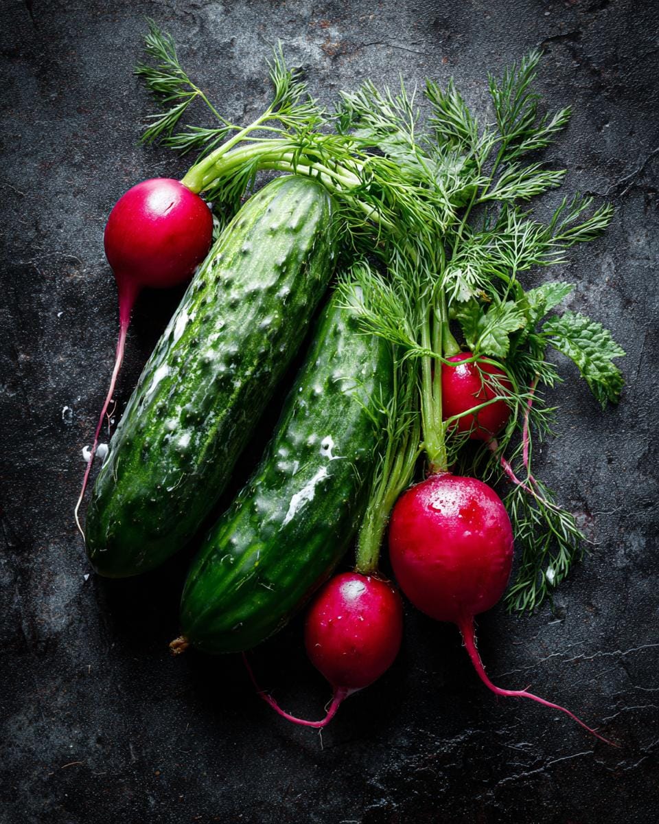 Fresh ingredients for Gurken-Radieschen-Salat mit Dill-Joghurt: cucumbers, radishes, and dill on a dark background.