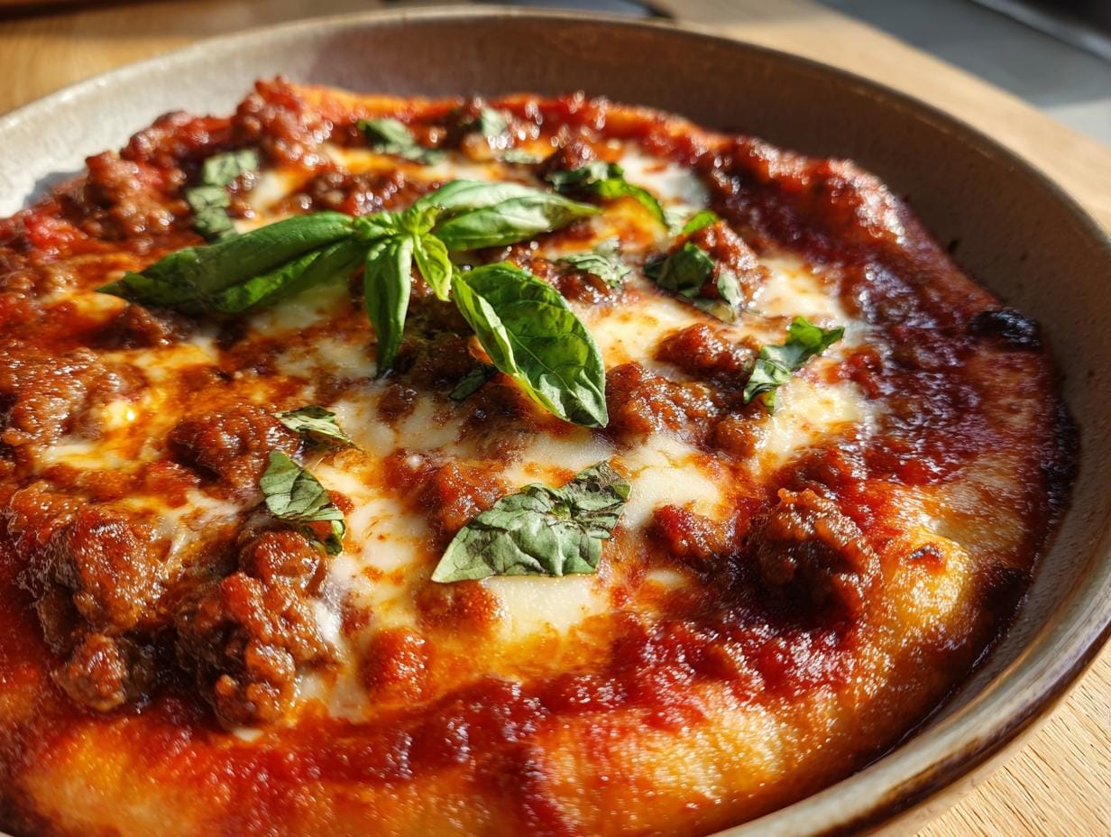 Overhead shot of Gyrossuppe in a bowl, topped with fresh basil and a rich tomato sauce.