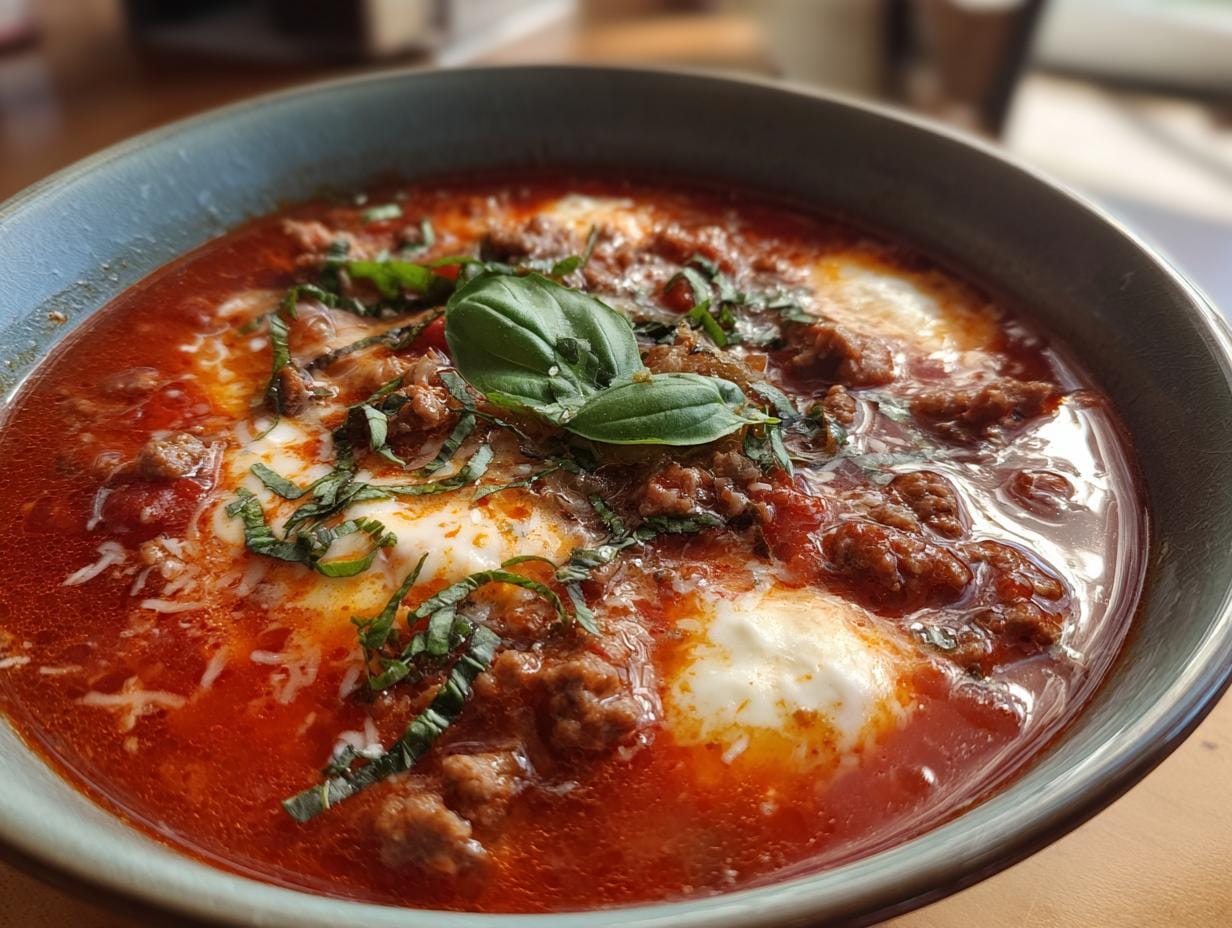 Close-up of a bowl of Gyrossuppe, a German soup with meat, tomatoes, and a creamy topping. Garnished with basil.