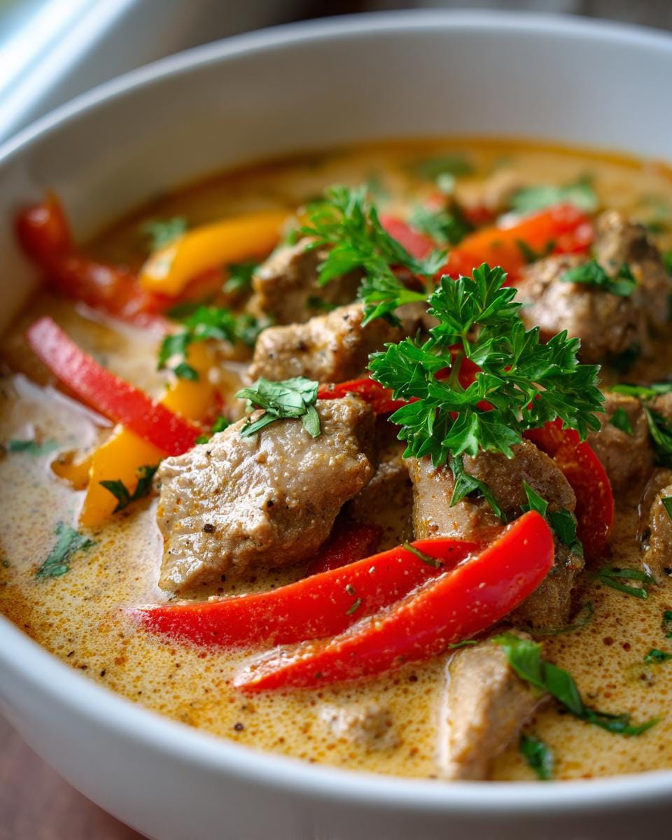 Close-up of Gyrossuppe in a white bowl, garnished with red and yellow peppers and fresh parsley.