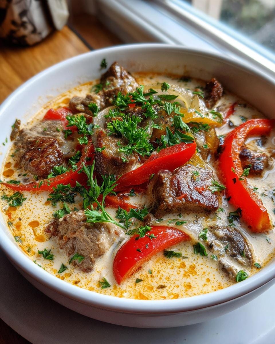 Close-up of Gyrossuppe in a white bowl, featuring meat, peppers, onions, and parsley garnish.