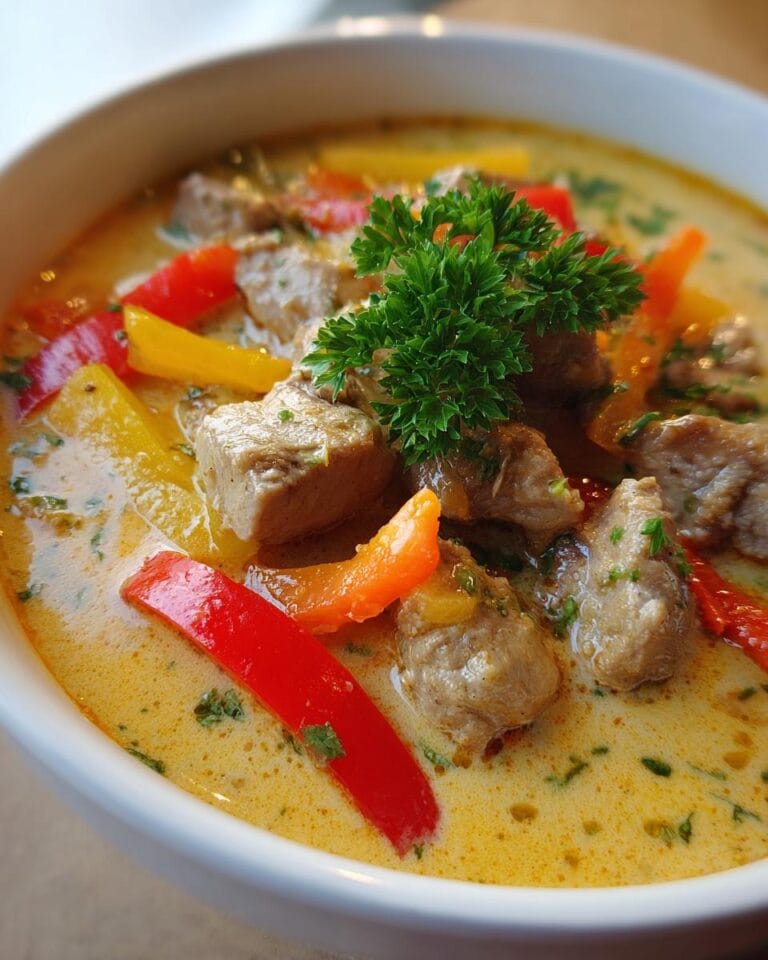 A bowl of Gyrossuppe, a German soup, featuring gyro meat, colorful bell peppers, and fresh parsley garnish.