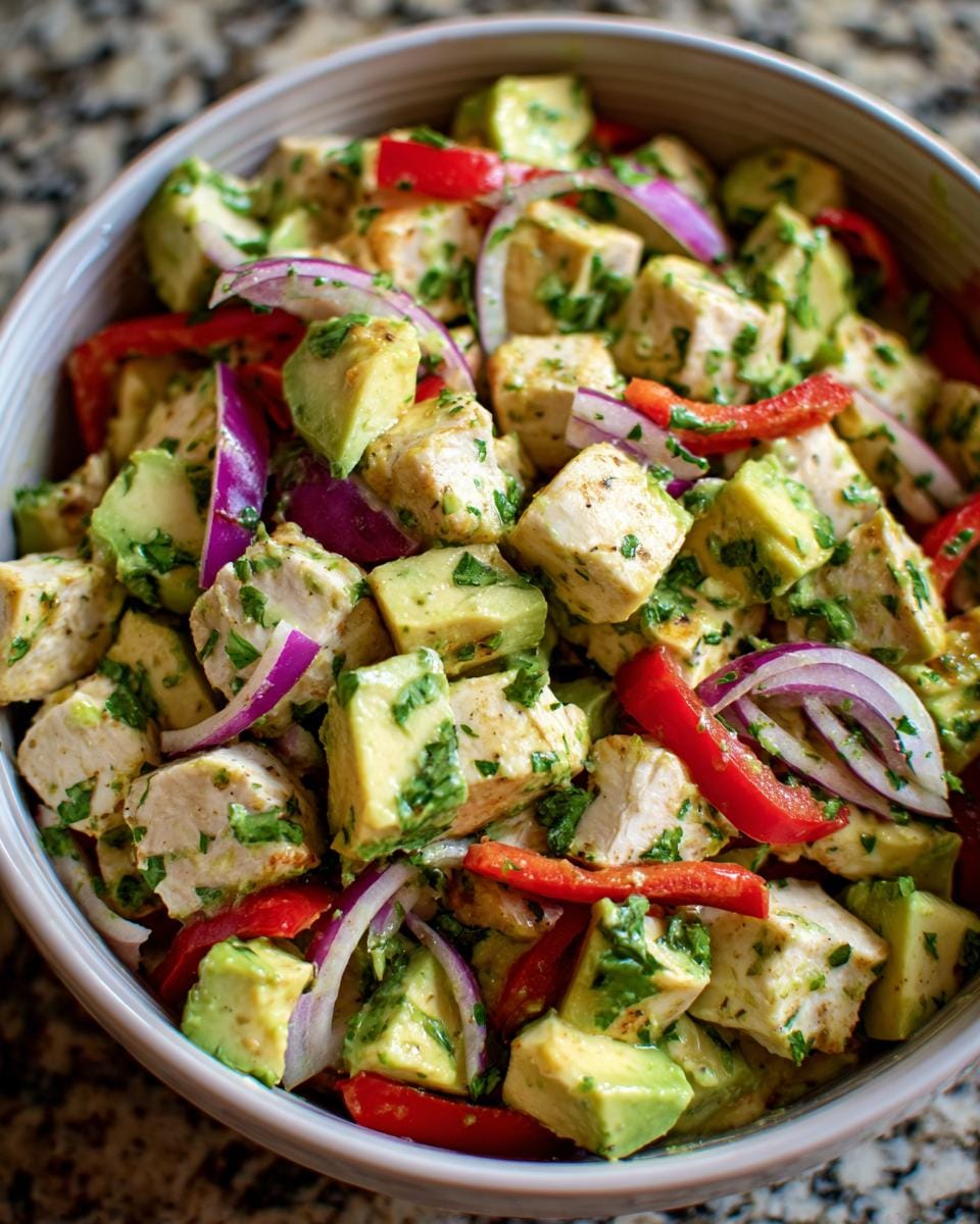 Bowl of Hähnchen-Avocado-Salat mit Limettendressing, featuring chicken, avocado, red pepper, and red onion.