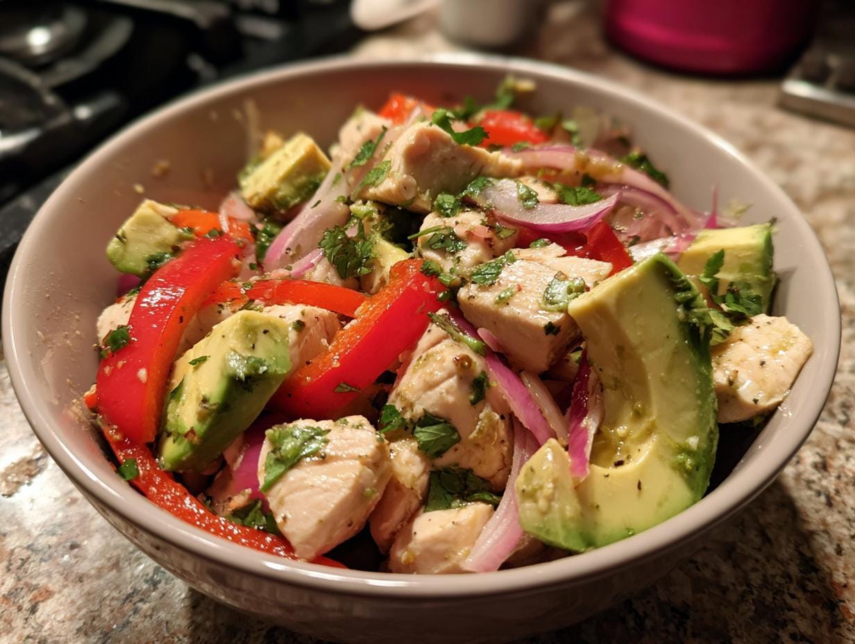 Nahaufnahme eines Hähnchen-Avocado-Salat mit Limettendressing in einer Schüssel, garniert mit roter Paprika und Zwiebeln.
