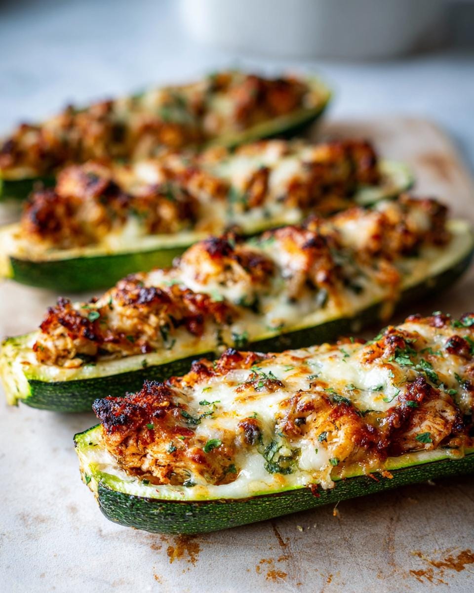 Close-up of Hähnchen-Parmesan-Zucchini-Boote, featuring zucchini boats filled with chicken and parmesan, topped with melted cheese.