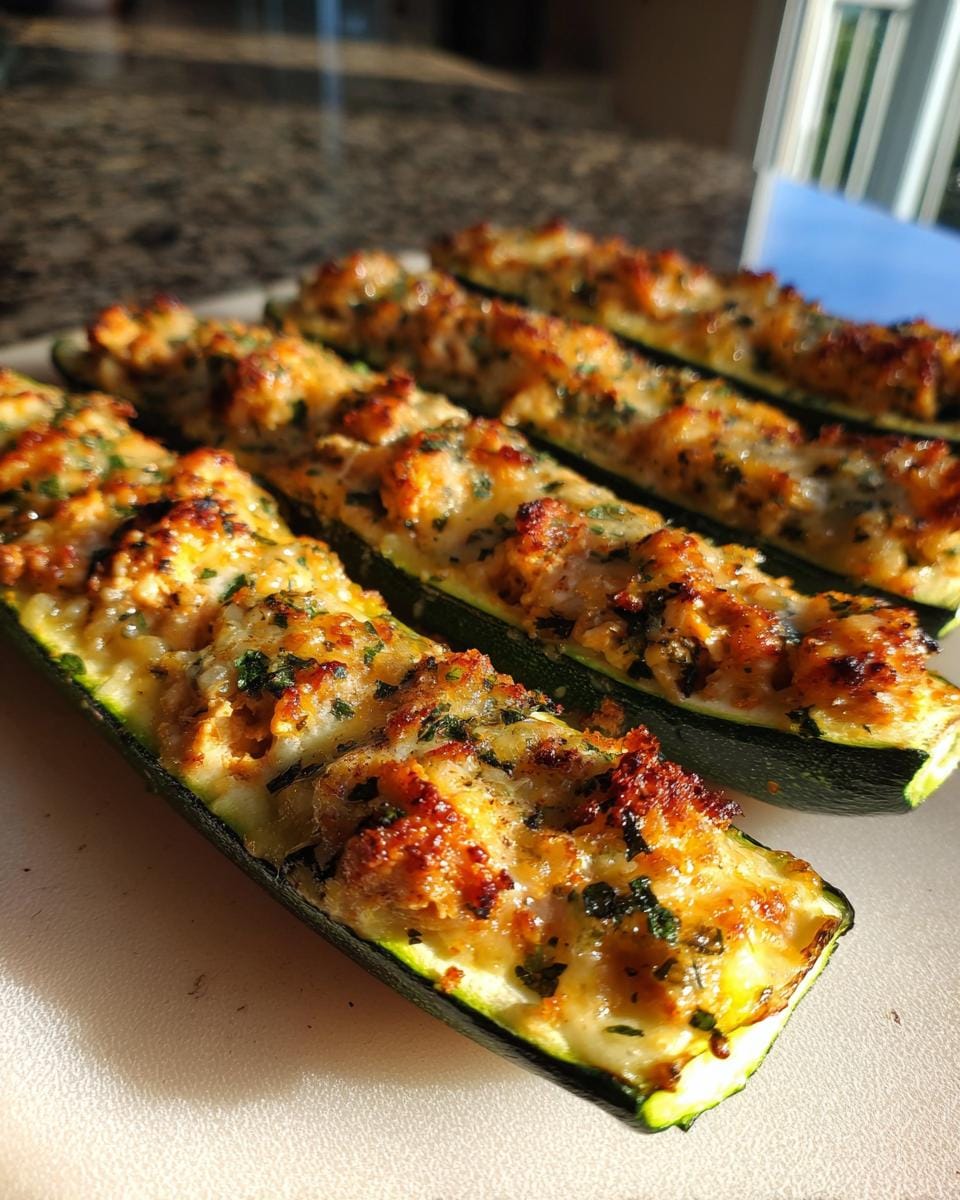 Close-up of Hähnchen-Parmesan-Zucchini-Boote, featuring zucchini boats filled with chicken and parmesan.