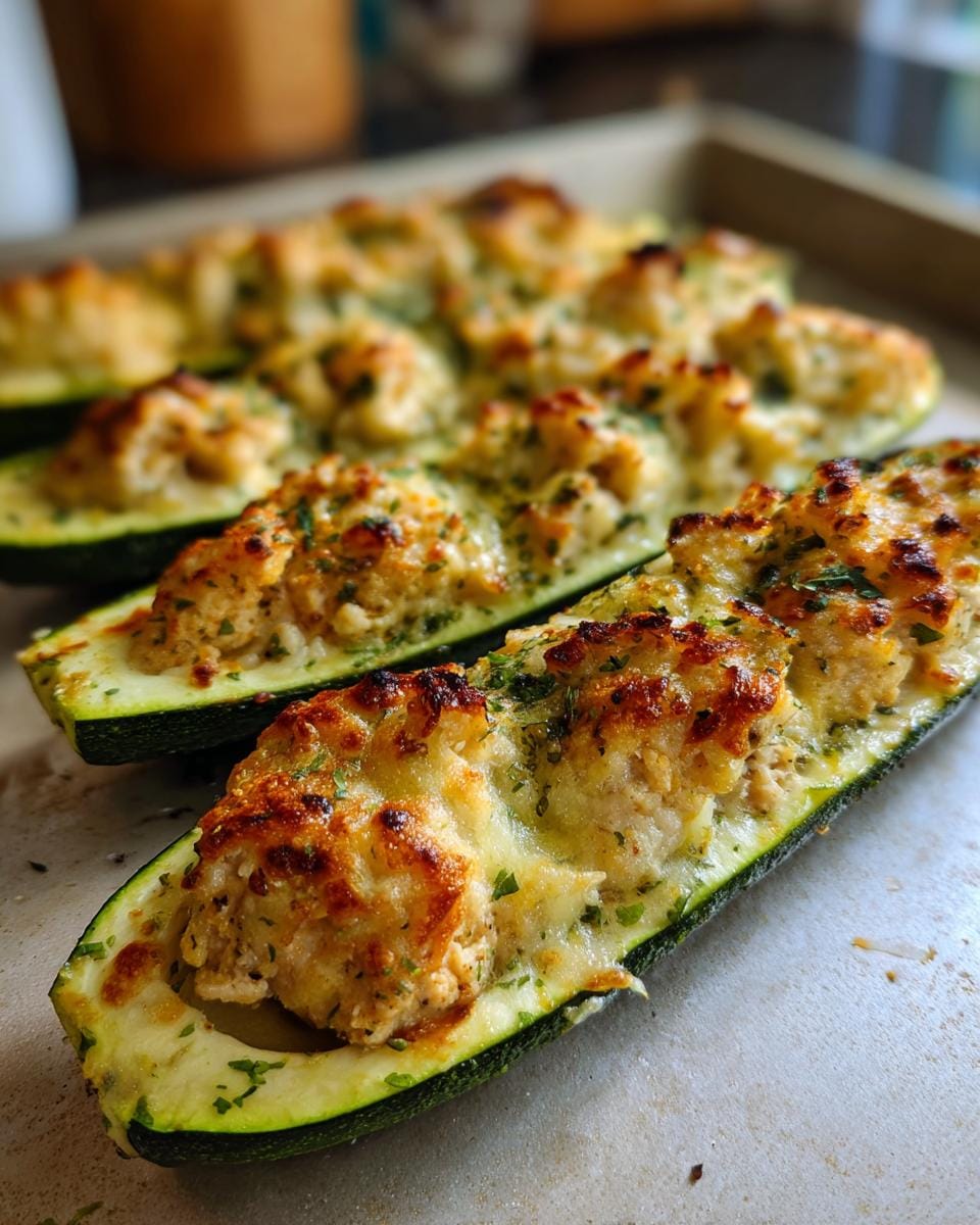 Close-up of Hähnchen-Parmesan-Zucchini-Boote on a baking sheet, filled with chicken and parmesan.