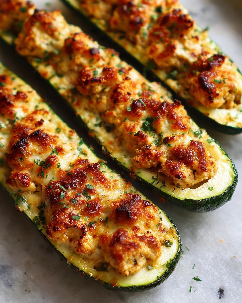 Close-up of Hähnchen-Parmesan-Zucchini-Boote, showing the cheesy chicken filling in zucchini boats.