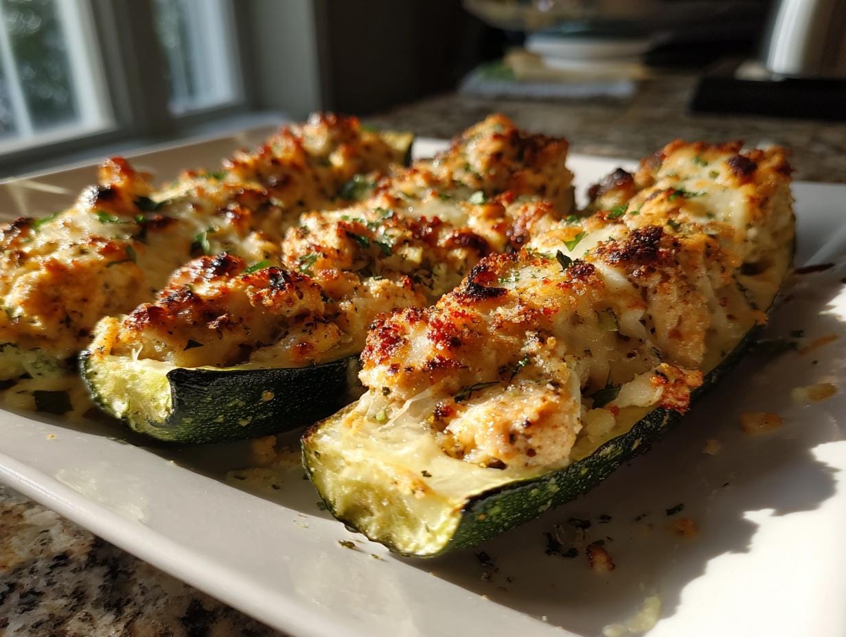 Close-up of Hähnchen-Parmesan-Zucchini-Boote on a white plate, featuring zucchini boats filled with chicken and parmesan.