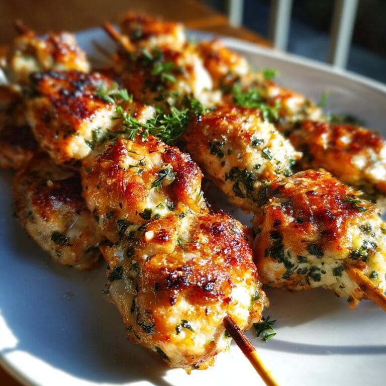 Close-up of grilled Hähnchen-Spieße mit Knoblauch und Parmesan, garnished with fresh herbs on a white plate.