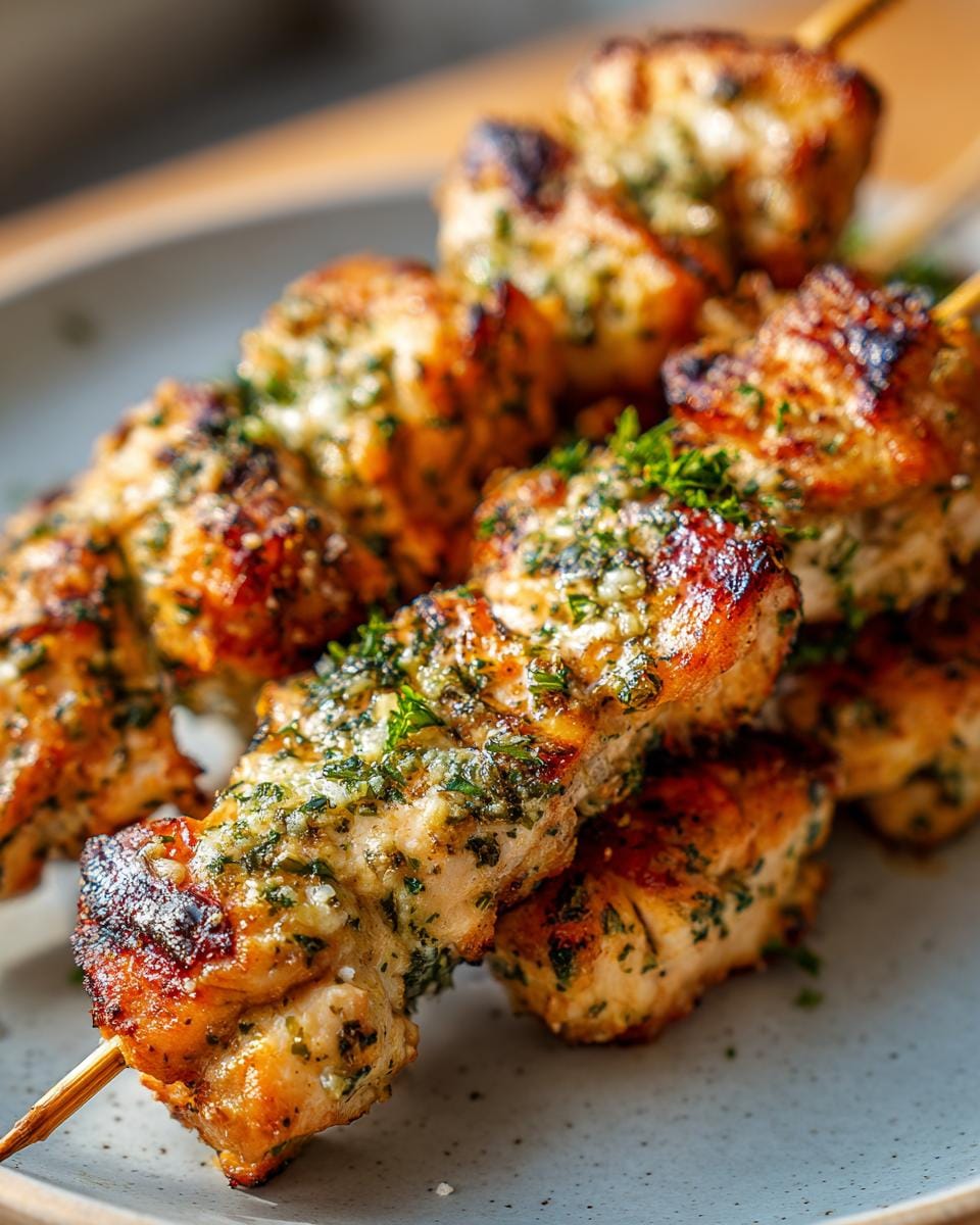 Close-up of Hähnchen-Spieße mit Knoblauch und Parmesan, grilled and garnished with fresh herbs on a plate.