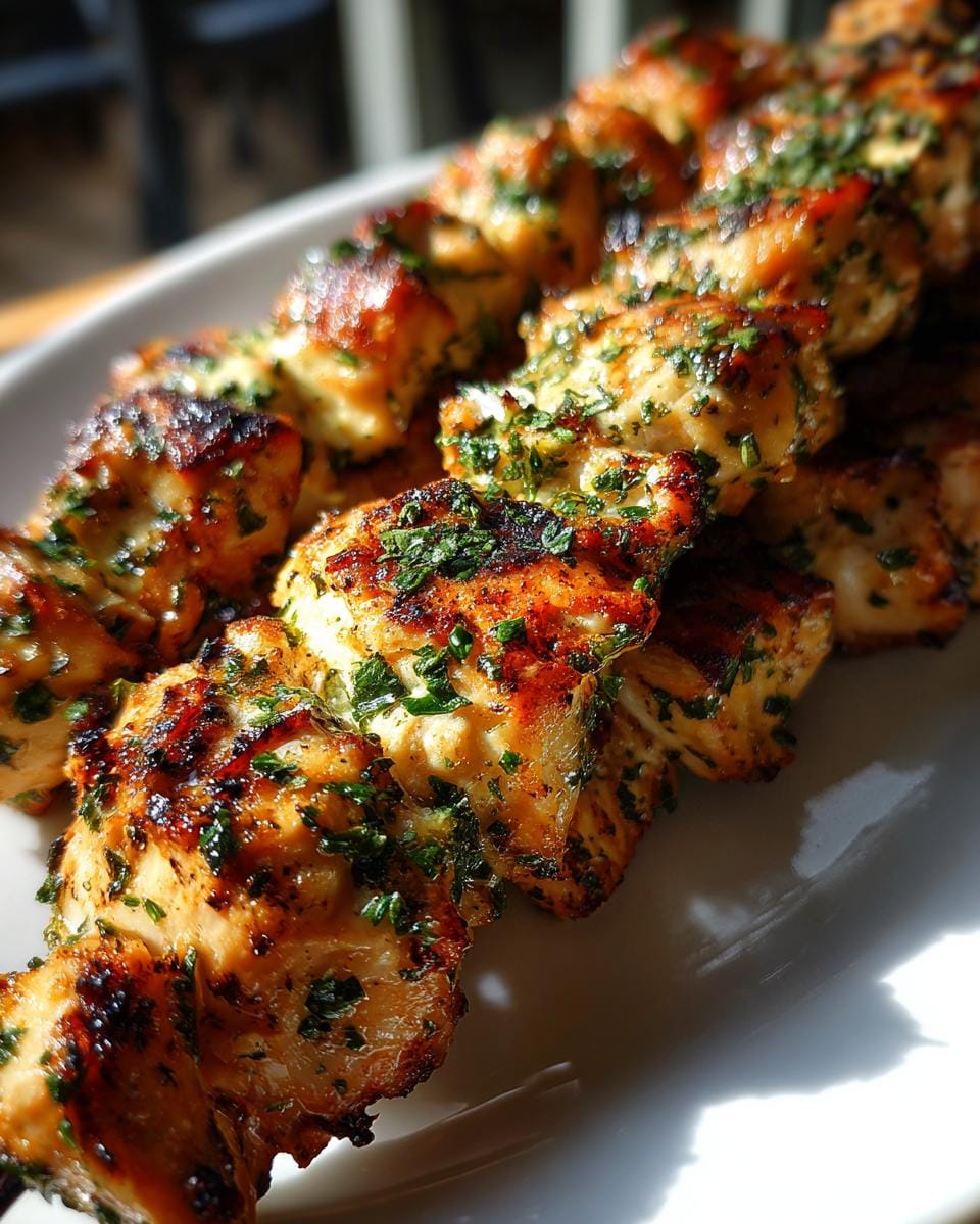 Close-up of grilled Hähnchen-Spieße mit Knoblauch und Parmesan, garnished with fresh herbs.
