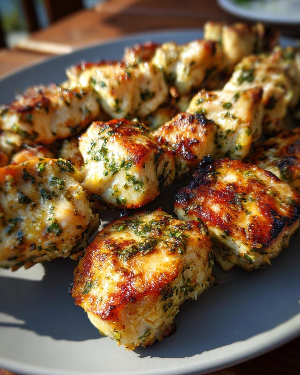 Close-up of grilled Hähnchen-Spieße mit Knoblauch und Parmesan on a gray plate, showing herbs and golden-brown color.