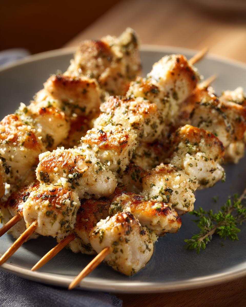 Close-up of Hähnchen-Spieße mit Knoblauch und Parmesan on a plate, garnished with thyme.